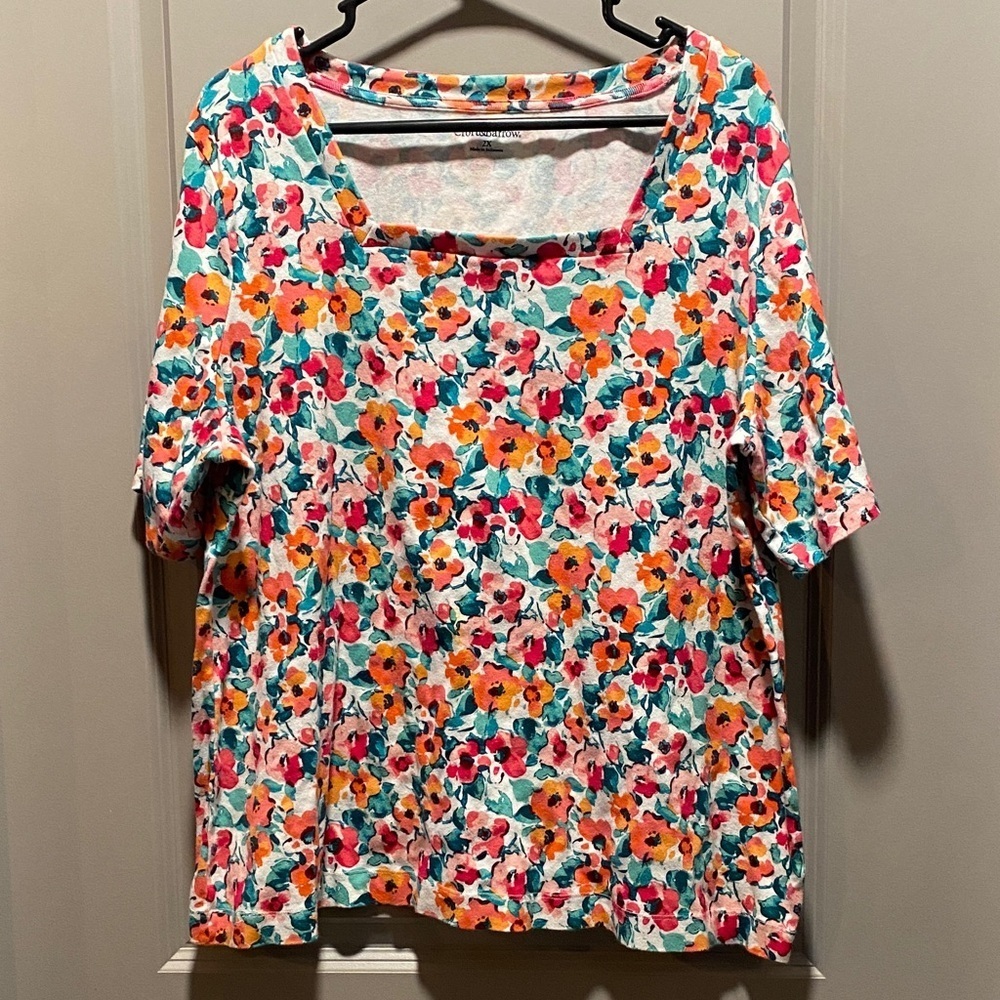 Croft & Barrow Colorful Floral Top Square Neck Cotton Casual Plus 2X